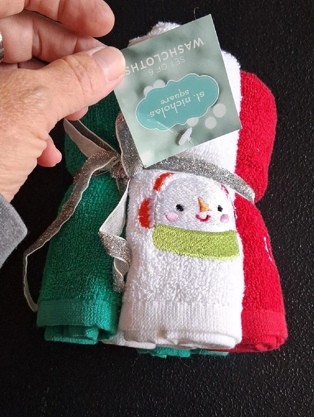 St. Nicholas Round Red White Teal Holiday Washcloth Trio